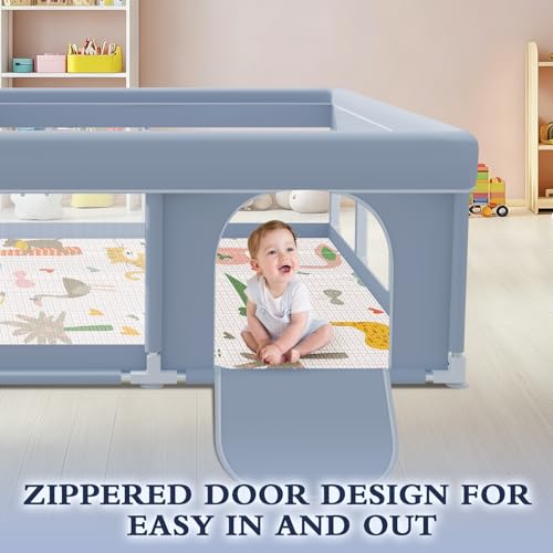 Image of XVISHX 74 x 50 Inch Baby Playpen with Mat, Playpen for Babies and Toddlers, Baby Playard for Indoor & Outdoor Active Center Game Fence, with Skin-Friendly Fabric and Soft Breathable Mesh, Grey