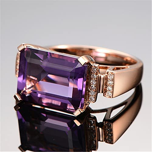 925 Sterling Silver Womens Rectangle Purple Gemstone CZ Ring Fashion 18K Rose Gold Natural Amethyst Ring Shiny Cubic Zirconia Diamond Ring Eternity Engagement Wedding Band Promise Ring (8)3