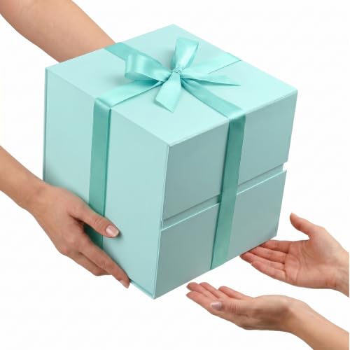 Image of LIFELUM Green Blue Gift Box with Magnetic Lid 10.2 x 10.2 x 10.2 inch, 1 Pack Square Gift Box with Shredded Paper Filler, Greeting Card, Ribbon for Presents, Birthday, Bridal Gifts, Wedding