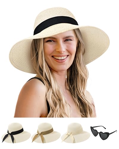 Senker Fashion Sun Hats for Women - Oversize Large Straw Beach Hat for Summer Floppy Wide Brim Packable Roll Up UPF 50+ White