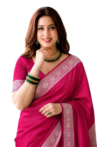 Image of Women's Glory Banarasi Satin Kanjivaram Saree Silver Zari Border Pure Soft Blend Silk Sari Kanchipuram Paithani Silk Party Wedding Festive New Ladies Sadi with Unstiched Blouse Piece. (Pink)