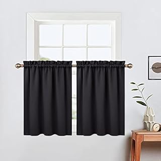 LinTimes Short Curtains 36 Inches Long for Bathroom Set 2 Panels Rod Pocket Cafe Tier Curtains Light Blocking Blackout Room Darkening Camper Curtains for Small Windows Kitchen 26x36 Inch Length Black
