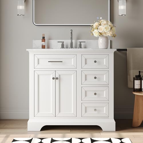 Image of DeerValley 36'' Bathroom Vanity with Ceramic Sink Top, Pre-Assembled Modern Wood Bathroom Cabinet Sink Combo with Backsplash