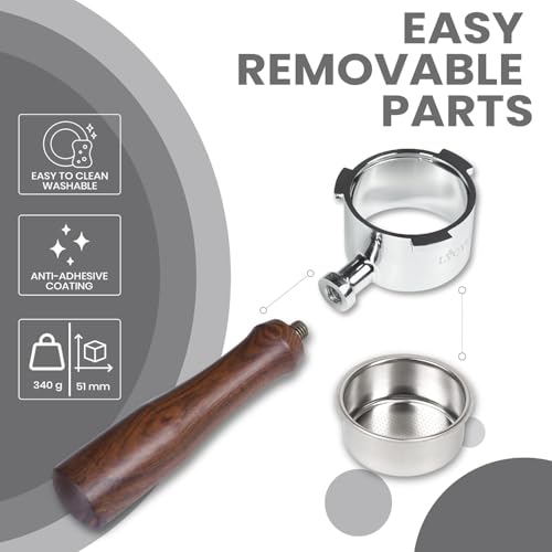 Image of Portafilter 51mm Made for DeLonghi Machines Bottomless Wooden Handle & Stainless Steel Head - Compatible with DeLonghi Dedica EC680 /EC685 /EC785 /EC820 /EC850 /EC860 & Gevi Espresso Machines