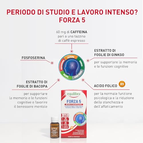 Equilibra Integratori Alimentari, Forza 5, Integratore con Estratti di Foglie Ginkgo e Bacopa, Fosfoserina, Caffeina e Acido Folico, Gusto Cola, con Succo Concentrato di Mirtillo, 10 Flaconcini - Immagine 1