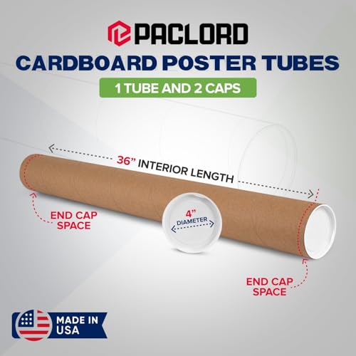 Paclord 4" x 36" Reinforced Kraft Paper Mailing Tube, Pack of 1 Tube with 2 Caps – Secure USPS Approved Poster Tube – Cardboard Tube for Shipping and Storing Posters, Prints, Artwork, or Documents - Thumbnail 2