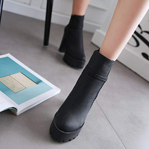 MIOKE Women's Platform High Heeled Ankle Booties Round Toe Chelsea Waterproof Elastic Dressy Short Boots3