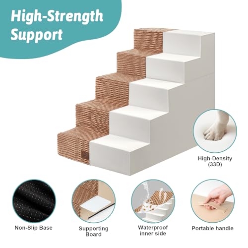 Image of COZY KISS Dog Stairs for Small Dogs, 5 Step Pet Stairs for Beds & Couches | 23.6 inch Extra Wide Non-Slip Dog Steps with Removable Tiers & Support Board for Puppies, Older Cats & Dogs, Light Brown
