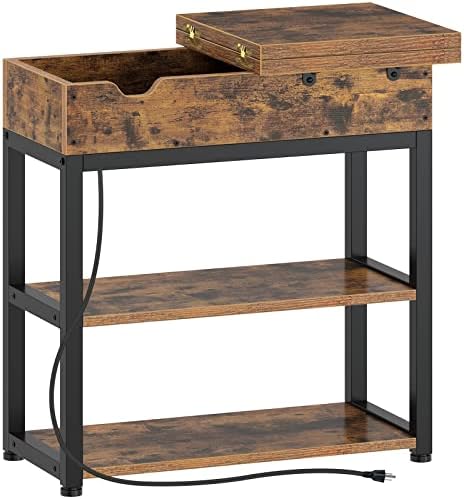 Rolanstar End Table with Charging Station, Narrow Nightstand, Flip Top Side Table with USB Ports and Storage Shelves for Small Spaces, Living Room, Bedroom (Rustic Brown)
