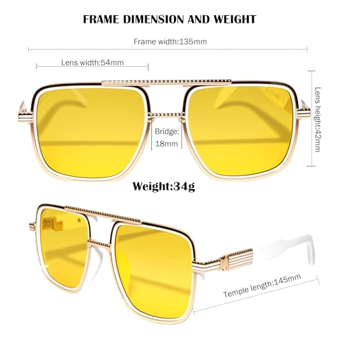 Vintage Square Night Vision blue light blocking Glasses - White Frame & Gold Accents Sunglasses with Yellow Lenses, Enhanced Contrast & UV Protection for Outdoor Activities3