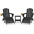 SERWALL 5-Piece Adjustable Adirondack Chair and Ottoman and Table Set, Black