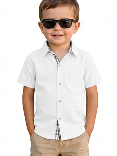 Haloumoning Toddler Baby Boy Short Sleeve Button Down Shirt Kids Summer School Uniform Dress Shirts with Chest Pocket 9M-8Y White