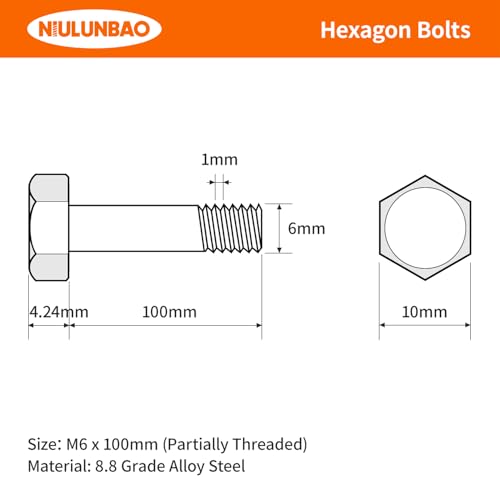 Image of M6-1.0 x 100mm Heavy Duty Hexagon Bolts Hex Head Screws, 8.8 Grade Alloy Steel, Black Oxide Finish, Metric Machine Partially Threaded, 10PCS