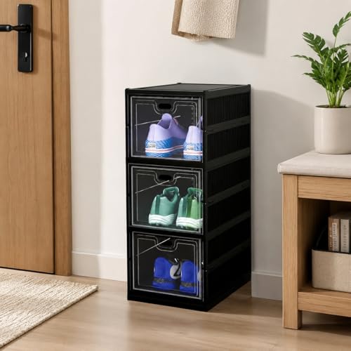 Image of Sulfar 3 Tier Shoe Rack Collapsible Shoe Organiser with Door - Foldable Sneaker Crates Footwear Organiser for Men, Women, Heels, Boots, Loafers, Sneakers, Slippers (Black)