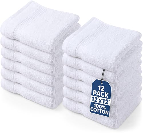 Image of Utopia Towels 12 Pack Premium Wash Cloths Set, 12 by 12 Inches, 100% Cotton Ring Spun, Highly Absorbent and Soft Feel Essential Washcloths for Bathroom, Spa, Gym, and Face, White