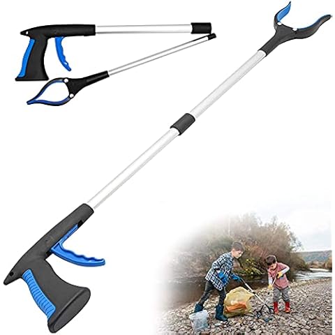 Keyck Litter Picker Grabber Reacher Stick Tools Long Arm Extender for Elderly Foldable Extendable Claw Holder Equipment with Rotating Head Helping Hand Lightweight Comfortable Handle Blue 32 inch Cover
