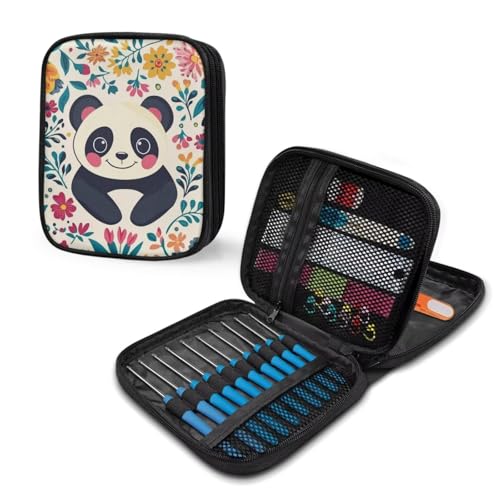 Image of Cute Panda Crochet Hook Case Crochet Hook Holder Portable Storage Bag with Web Pockets Suitable for Needles /Knitting Accessories