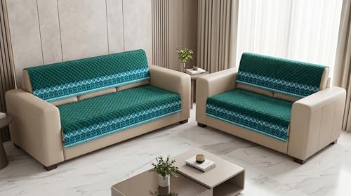 Image of Peacock Blue Velvet Sofa Mat, 3+2 Set | Full Cover for Seat & Back, Anti-Skid, Machine Washable