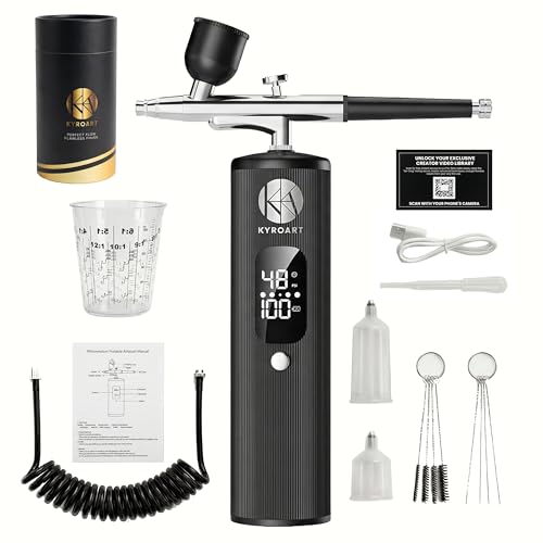 KyroArt Airbrush Kit with Compressor - 48 PSI Cordless Airbrush Gun Nail Airbrush Machine & Airbrush Sets - Anti-Clog Air Brush for Nails & Airbrush Makeup Kit - 4000mAh Battery 3 Modes