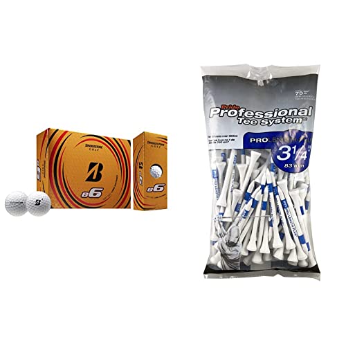 Bridgestone 2021 E6 Golf Balls (One Dozen), White & Pride Professional Tee System, 3-1/4 Inch Prolength Plus Tee, 75 Count, White #TOP23