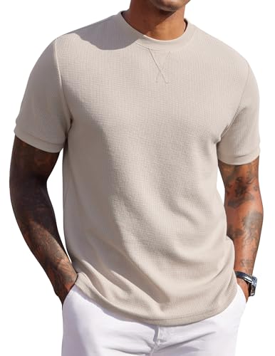 COOFANDY Mens Crewneck T-Shirts Short Sleeve Waffle Casual T Shirts Cotton Summer Plain Pullover Tees Moon Gray L