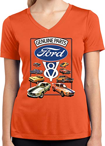 Ford Mustang V8 Collection Ladies Dry Wicking V-Neck, Deep Orange MD Medium