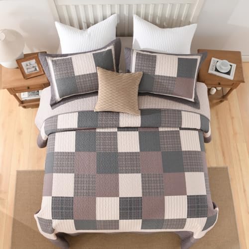 Image of EWlinens 100% Cotton 120 inchx120 inch Oversized King Bedspread - Farmhouse Extra Large Quilts King Size, All Season Patchwork Plaid Rustic Striped Quilt Bedding Set, 3pcs, Chocolate Malt /Brown /Black /Beige