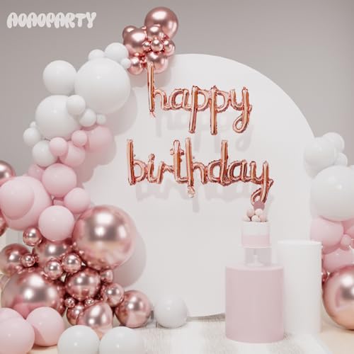 Image of Rose Gold Happy Birthday Balloons Banner 16 Inch Mylar Foil | Happy Birthday Letters Sign for Women Men Adults Birthday Party Decorations