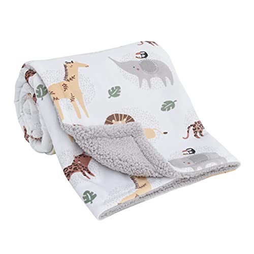 Image of NoJo Jungle Trails Grey, Gold, Green, and White Super Soft Animal Print Sherpa Backed Baby Blanket