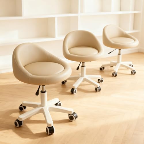 Image of Rolling Stool Set of 3- Ergonomic Swivel Seat, Adjustable Height, Ultra-Quiet Wheels, Padded PU Leather Cushion, for Salon, Office, Massage & Medical Use Khaki