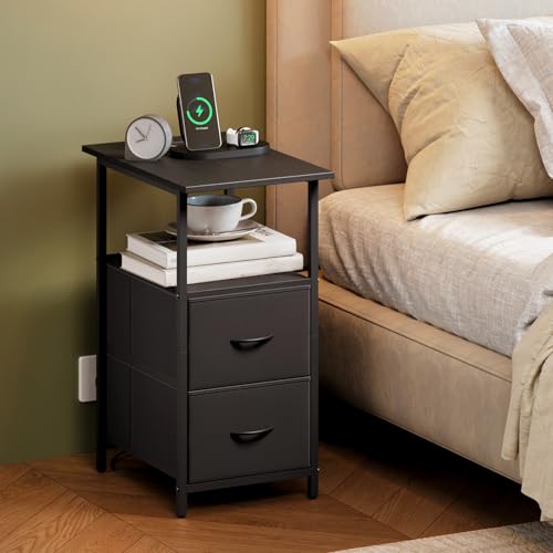 Somdot Narrow End Table with Charging Station, 2 Drawers, Black by Somdot - Used condition - Image 7