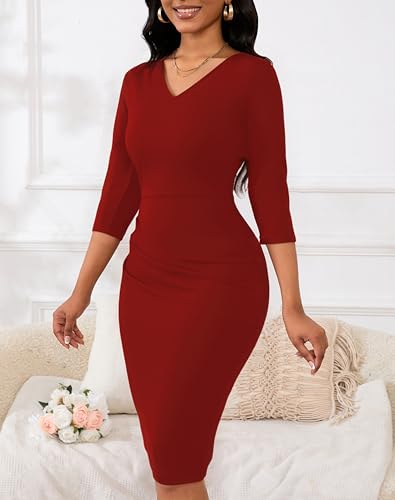 Women's Wear to Work Dress V Neck 3/4 Sleeve Ruched Office Party Wrap Midi Pencil Dresses3