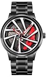 Herren-Armbanduhr, kreatives 3D-Dreh-Autorad, drehbares Uhren, Felgennaben-Design, modisch, Quarz, stilvolle Armbanduhr mit Edelstahlband, Geschenke für Auto-Enthusiasten, V Rot C