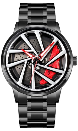 Mens Wrist Watch Creative 3D Spinning Car Wheel Rotating Watches Rim Hub Design Fashion Quartz Stylish Wristwatch with Stainless Steel Strap Gifts for Car Enthusiasts (V Red C)