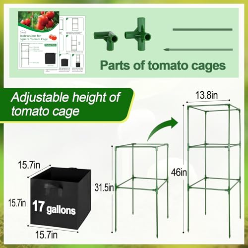 Image of ANPHSIN Sturdy Square Tomato Cage with Movable 17 Gal Grow Bags, 3 Sets