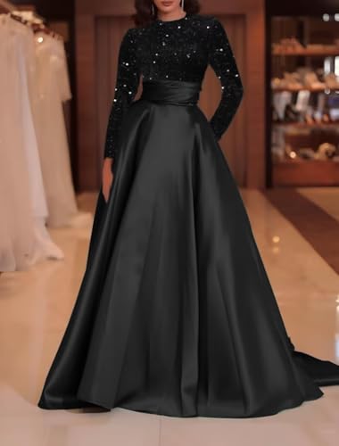 Long Sleeve Prom Dresses for Women Sequin Satin Ball Gown Formal Dress Evening Gowns with Pocket3