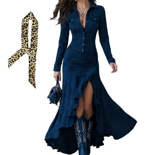 Robe western vintage en suédine pour femme, robe maxi à col en V avec boutons, manches longues, style cowgirl western en faux suédine, bleu, M