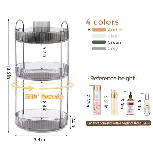 Image of 360 Rotating Makeup Organizer, Upgraded 3 Tier Skincare Perfume Organizers for Women, Bathroom Organizer Countertop, Clear Cosmetic Dresser Organizer with Makeup Brush Holder, Sink&Counter(Grey)