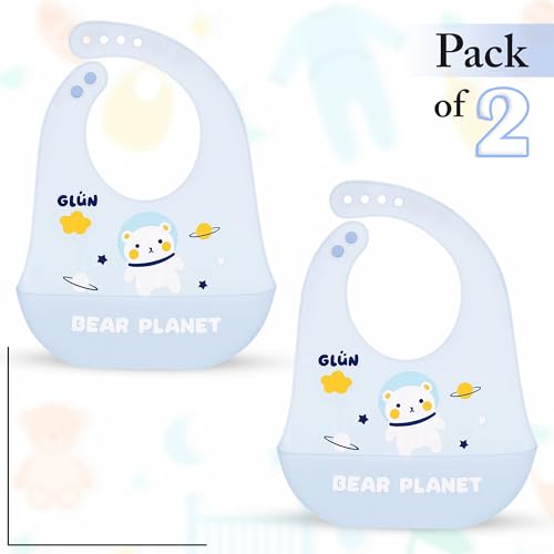Image of GLUN Pack of 2 Soft Feeding Bibs with Bowl, Cute Taddy Bear Print for Growing Champs, Easily Wipes Clean, Comfortable Soft Baby Bibs, Less Time Cleaning after Meals for Babies