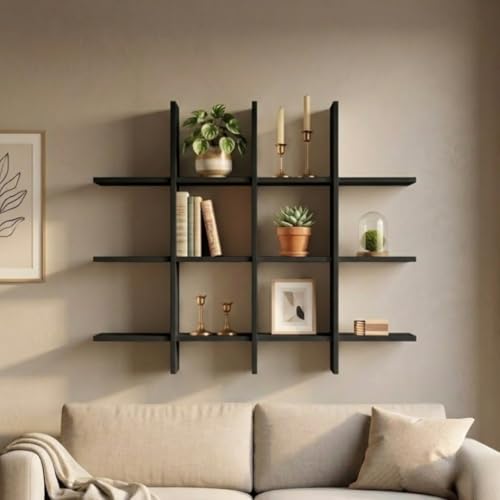 Image of Modern Wooden Wall Shelf for Living Room & Bedroom - Decorative Wall Mounted for Books, Showpieces & Home Decor - Multi-Compartment Floating Wall Organizer Full Black