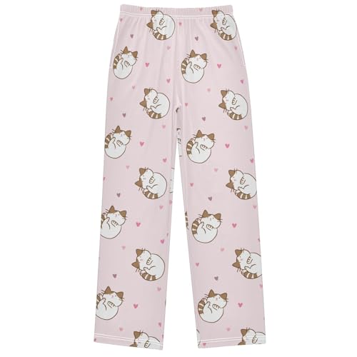Boy's Pj Pants Cartoon Brown White Cat Pink Heart Lounge Bottoms Elastic Waist Kids Joggers with Pockets Size 6-14