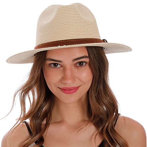 Simplicity Womens Straw Hat Beach Mens Sun Hat Womens Summer Hat Adjustable Cute Wide Brim Hats for Women Panama Hat Packable Hat, Beige1/Braided Belt