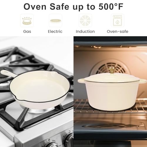 GFTIME Batterie de cuisine en fonte, 5 pièces, casserole hollandaise 2,3 QT, cocotte 4,7 QT, poêle à frire de 28 cm, moule à pain – Casseroles et poêles en fonte émaillée polyvalentes résistantes au – Image 4