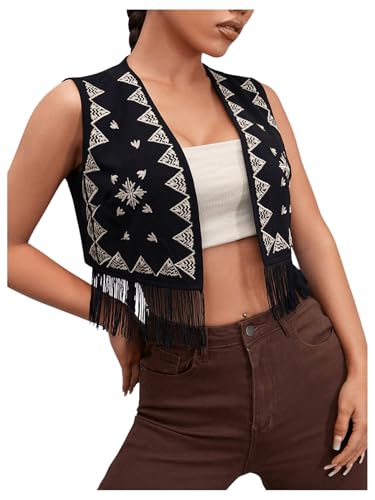 GORGLITTER Women's Geo Embroidery Fringe Crop Vest Tassel Sleeveless Open Front Jacket