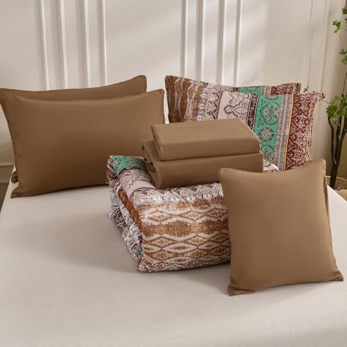 Image of Cottolester Boho Comforter Set Full Size 8 Pieces, Brown Bohemian Striped Bed in a Bag, Paisley Soft Microfiber Bedding Comforter Set