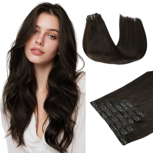 HOTBANANA Seamless Clip in Hair Extensions, 14 Inch 120g 7pcs Dark Brown Invisible PU Skin Weft Straight Remy Human Hair Extensions