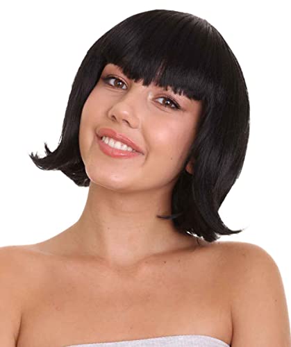 HPO Adult Women’s Fashion Black Color Short Wavy Bob Wig, Premium Breathable Capless Cap Design, Best for Halloween, Flame-retardant Synthetic Fiber