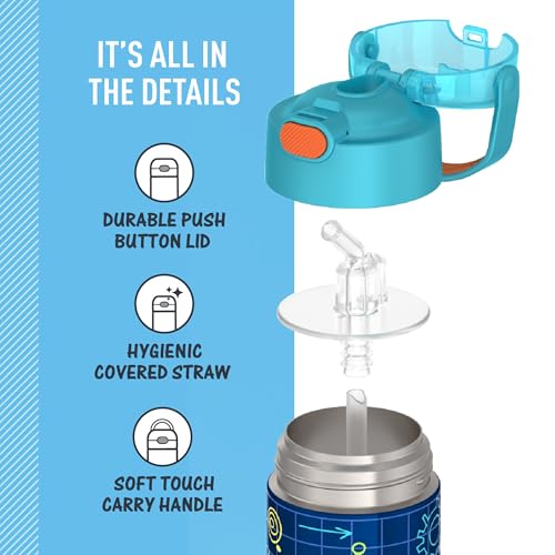 Image of THERMOS FUNTAINER Water Bottle with Straw - 12 Ounce - Kids Stainless Steel Vacuum Insulated Water Bottle with Lid, Robot Doodles