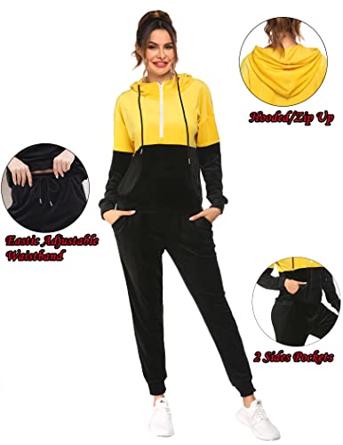 Hotouch Velour Sweatsuits For Women Joggers Jogging Suit Color Block 2 Piece Hooded Track Suit Outfit Yellow S #TOP1