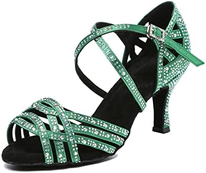 Minishion Women's Rhinestone Dance Shoes Ankle Strap Latin Salsa Dancing Heels L357 Green US 8.5
